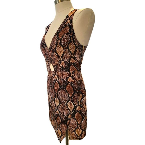 Bebe x Naven Dress Brown Black Faux Snakeskin Bodycon Deep V Mini Size 8 VR607 - Picture 8 of 11